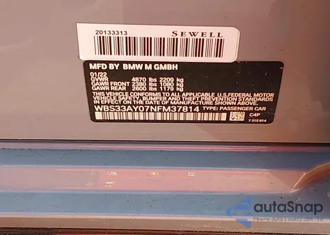 2022 BMW M3 Competition z USA, uszkodzony, nr VIN WBS33AY07NFM37814